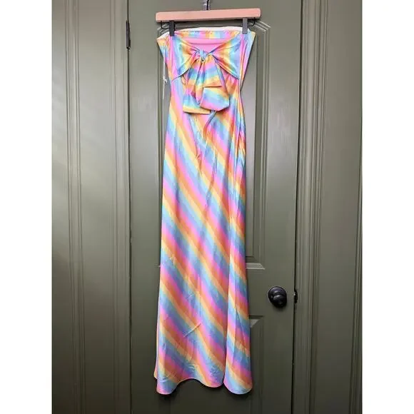NWT Saylor Anora Rainbow Bias Satin Bow Strapless Stripe Resort Midi Dress Small - Picture 2 of 6